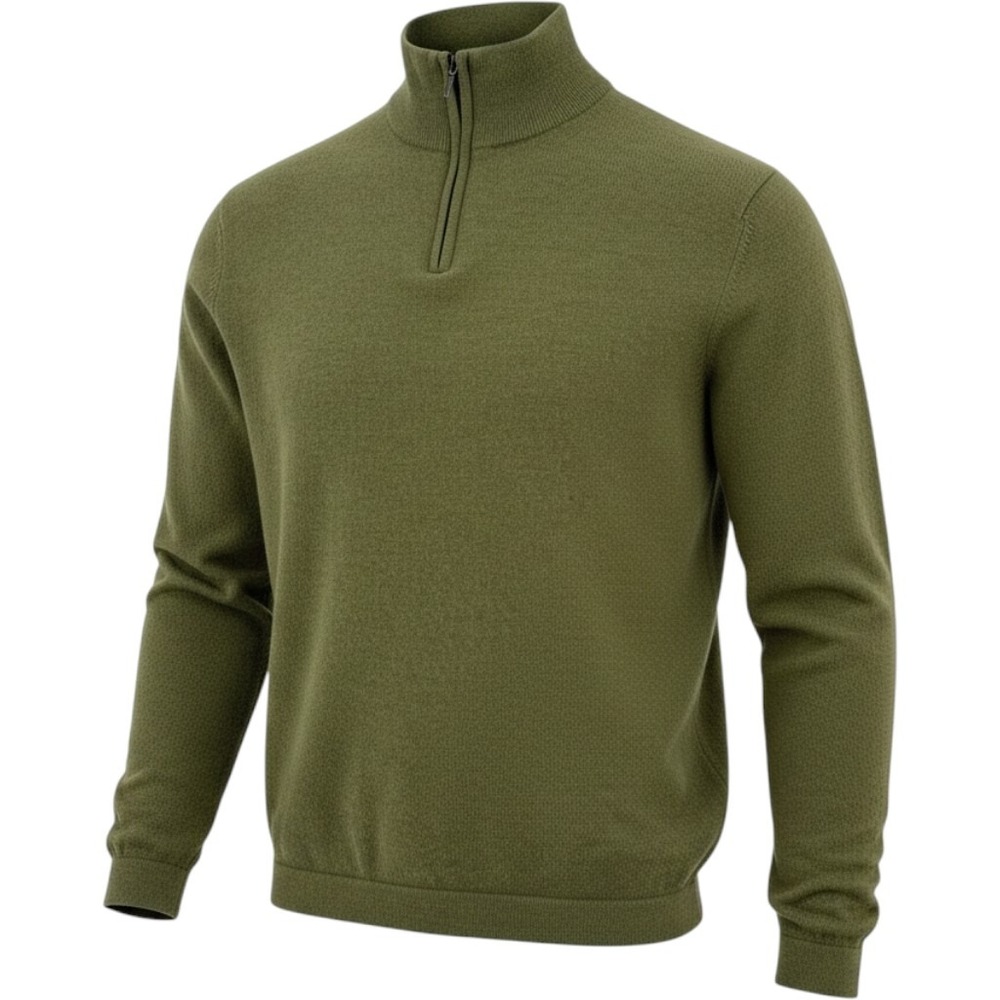 Davis & Squire Olive Green 100% Extra Fine Merino Wool Quarter Zip Sweater Men L